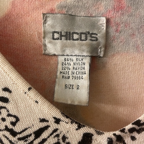 Chico's silk blend cream orange red black v-neck floral print and sequins shell - Picture 3 of 7